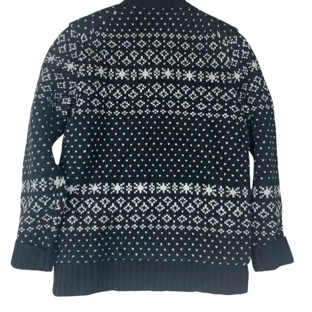 Black Brown mens small lambs wool knit reindeer sweater zip polo white new